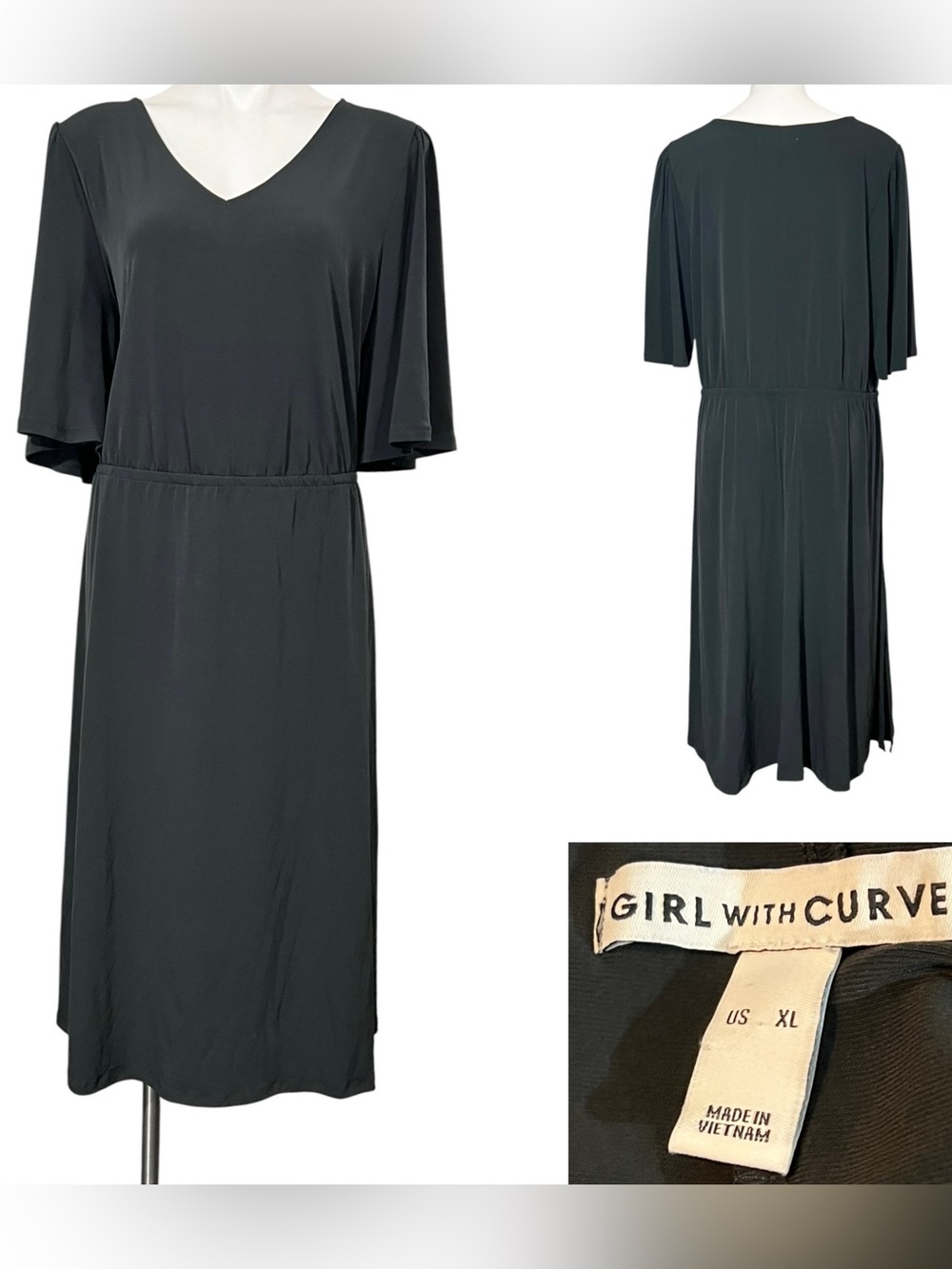 Girls with Curves midi dress XL(16-18) Black V-Neck Midi stretch office fall